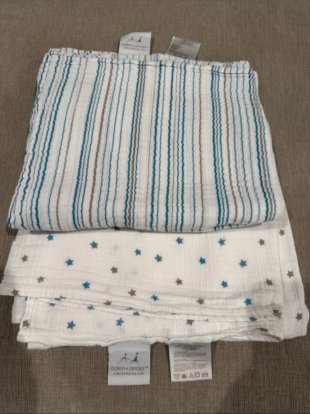 aden + anais White Muslin Swaddle Set with Teal and Gray Stars & Stripes